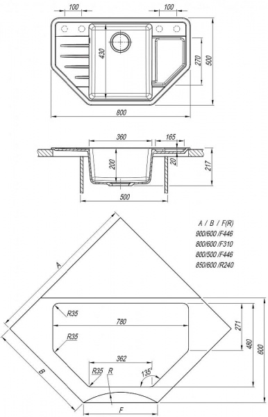 Мойка кухонная из литьевого мрамора Dr. Gans РИО 25.080.C0800.407 80*50 см. черный