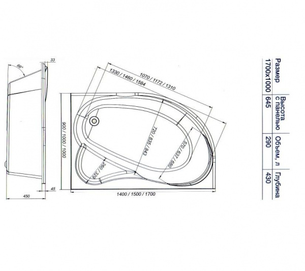 Ванна акриловая Mirsant ЯЛТА  170x100 см. левая  Ванна акриловая Mirsant ЯЛТА  170x100 см. левая