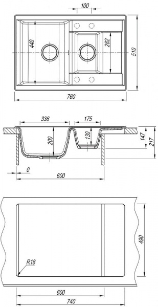 Мойка кухонная из литьевого мрамора Dr. Gans АСТРА 760 К 25.065.D0760.408 76*51 см. серый