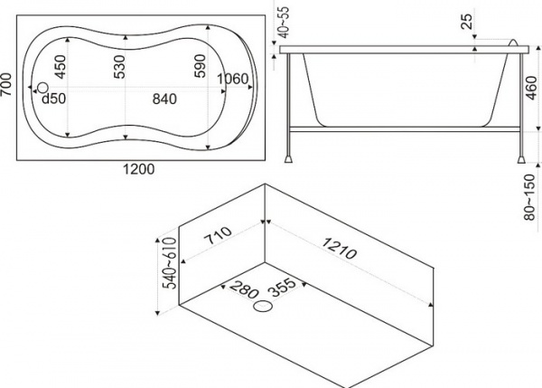 Ванна акриловая BAS КЭМЕРОН ВС 00005 120x70 см. 