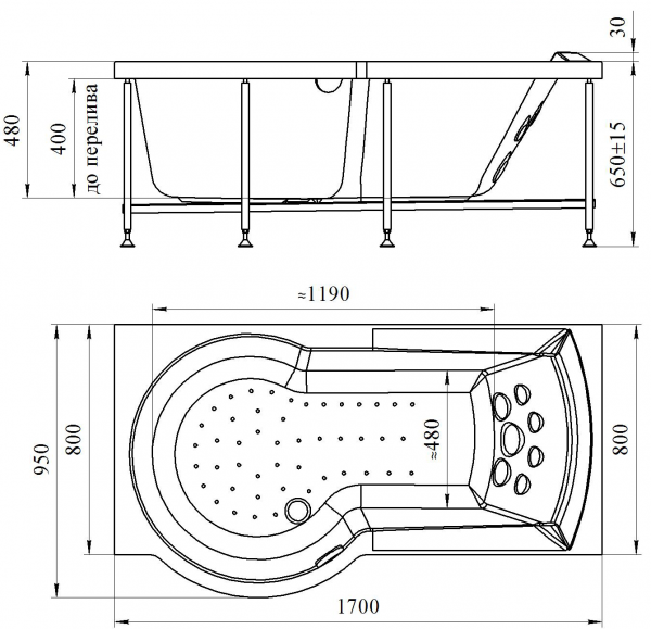 Ванна акриловая Radomir ВАЛЕНСИЯ  170x95 см. левая 